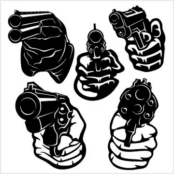 Hands with Guns - vector set. Isolated on white Stock Illustration