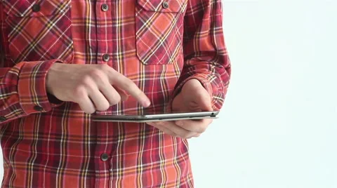 Hands of a guy working with a tablet on a white background Stock Footage 45440733
