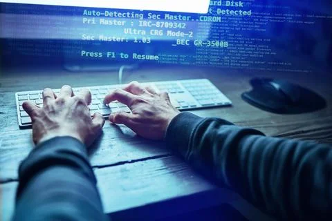 Hands, hacker and cyber security, computer and online cybercrime. Data Foto stock