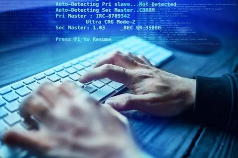 Hands, hacker and cyber security, overlay and website access. Data protection Foto stock