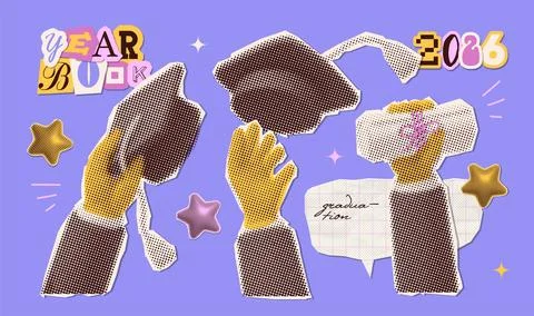 Hands with a halftone effect throw graduation hats into the air. Horizontal Stock Illustration