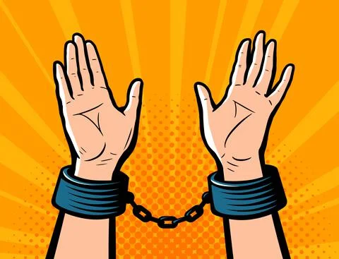 Hands in handcuffs. Handcuffed hands vector. Criminal in shackles in retro pop Stock Illustration