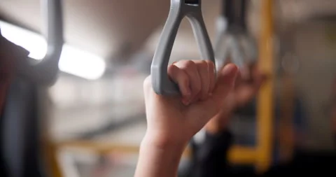 Hands, handle and crowd in bus for travel, journey or morning city commute Vidéo 274393422