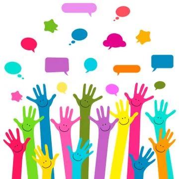 Hands with happy faces and bubbles speech Stock Illustration