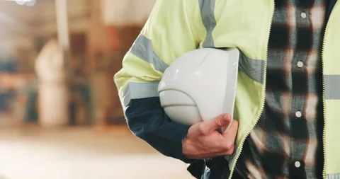 Hands, hard hat and man in workshop for carpentry, safety compliance and timber Stock Footage 341305403