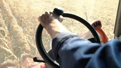 Hands harvester driver on the steering wheel and joystick control Stock Footage 99432002