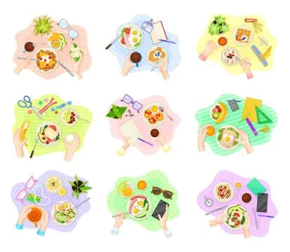 Hands Having Breakfast Above Table View with Meal on Plate Vector Set Stock Illustration