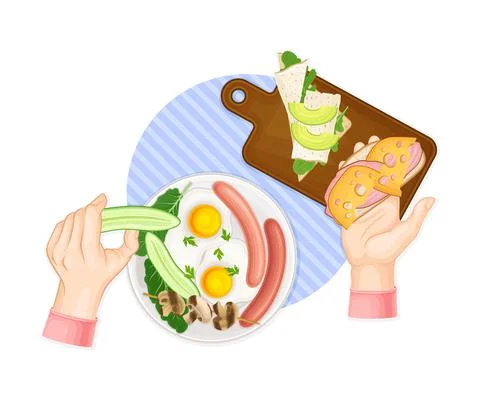 Hands Having Dinner at Kitchen Table with Sandwich and Scrambled Egg on Plate Stock Illustration