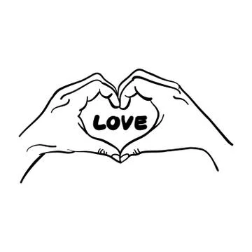 Hands heart shape, line drawing of hands showing love sign. Stock Illustration