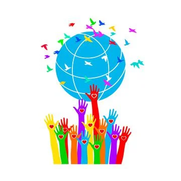 Hands with hearts support the globe surrounded by colorful birds. Symbol of Stock Illustration