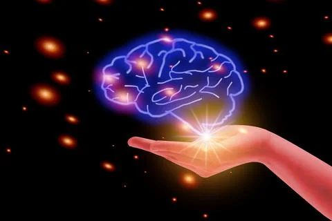 The hands held up the brain with sparkling thoughts. Science and business con Stock Photos