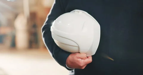 Hands, helmet and man in workshop for carpentry, safety compliance and timber Stock Footage 341305352