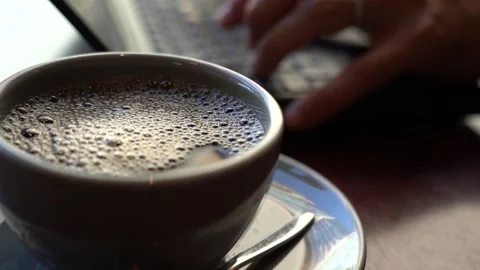 Hands to hit the keyboard at the cafe Stock Footage 150212411