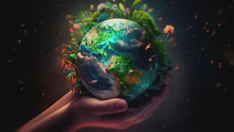 Hands hold an Animated globe of the Earth with stylized flowers and plants Stock Footage 237902947