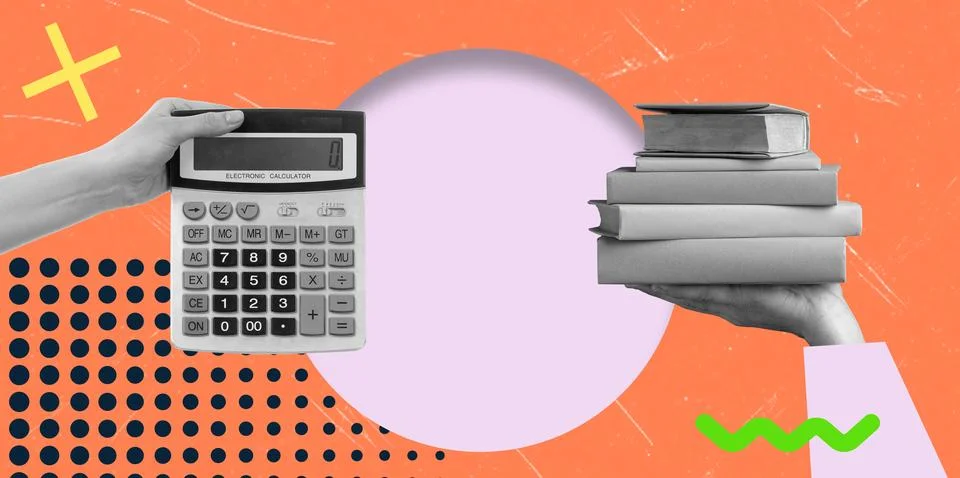 Hands hold a calculator and a stack of books against a lively background, ill Stock Photos
