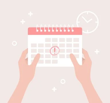 Hands hold a calendar with a date circled and marked with an exclamation mark Stock-Illustration