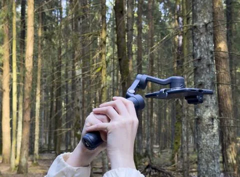 Hands hold a camera gimbal in a forest. A handheld stabilizer supports Stock Photos