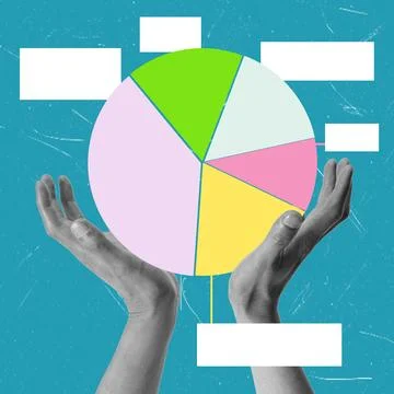 Hands hold a colorful pie chart on a blue background. The setting seems to fo Stock Photos