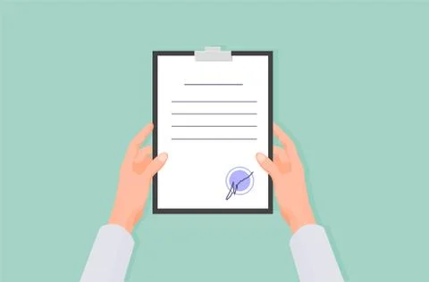 Hands hold contract. Work agreement document officially certified signature and Illustrazione stock