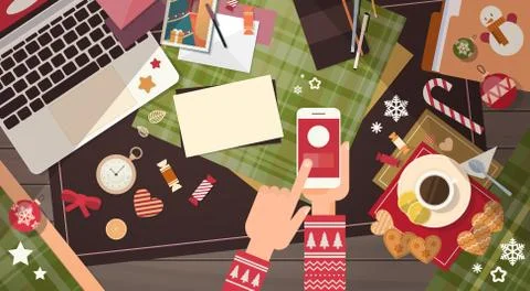 Hands Hold Device Electronics Gadget New Year Concept Laptop Phone Tablet Stock Illustration