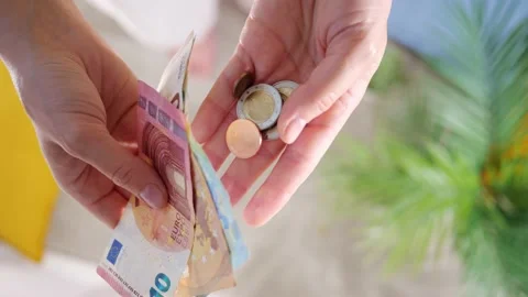 Hands hold different euro banknotes and euro coins. State aid in times of crisis Stock Footage 199965575