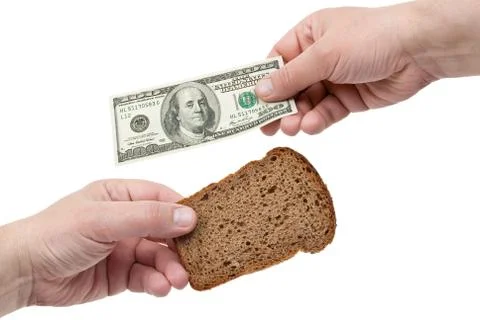 Hands hold the dollar and bread Stock Photos