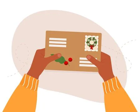Hands hold an envelope with stamps. Top view of the table surface Stock Illustration