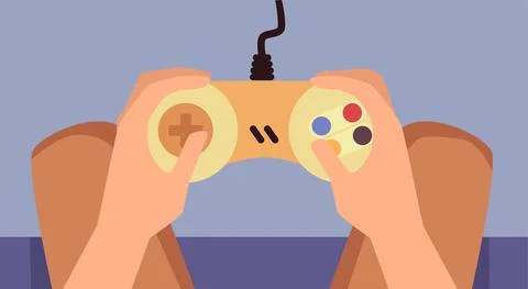 Hands hold game controller, joystick, console device for play in video games. Stock Illustration