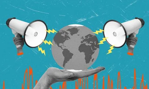 Hands hold a globe while two megaphones emit energy waves, symbolizing the ne Stock Photos