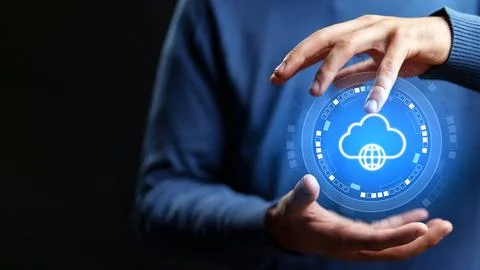 Hands hold a glowing cloud symbol with a globe, showing digital connection and Stock Photos