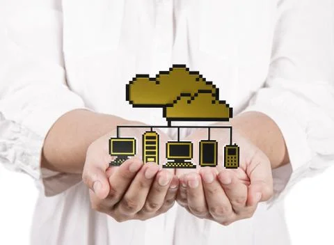 Hands hold golden pixel cloud network sign as concept Foto stock