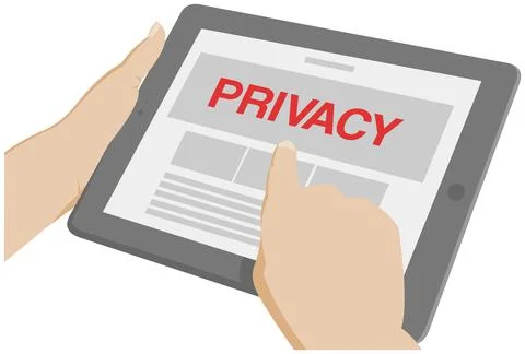 Hands hold a gray tablet with privacy lettering, cartoon illustration isolate Stock Illustration