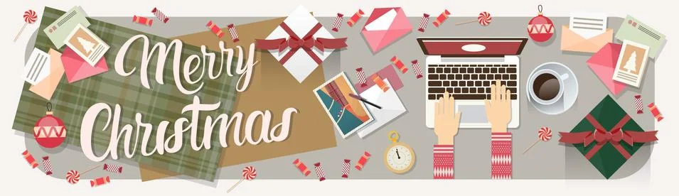 Hands Hold Laptop Computer Typing New Year Merry Christmas Decoration 스톡 일러스트