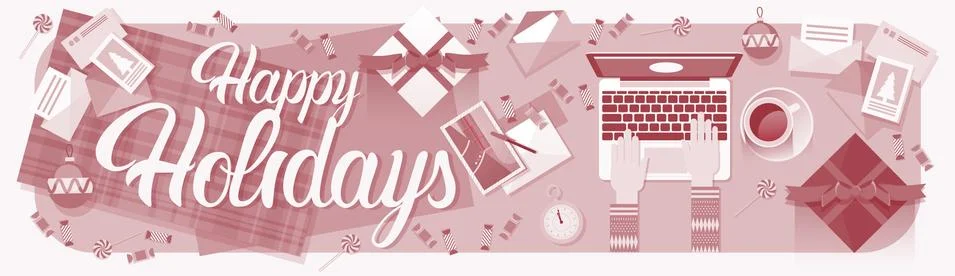 Hands Hold Laptop Computer Typing New Year Merry Christmas Decoration Stock Illustration