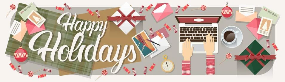 Hands Hold Laptop Computer Typing New Year Merry Christmas Decoration Stock Illustration