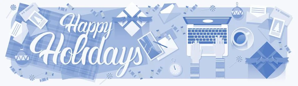 Hands Hold Laptop Computer Typing New Year Merry Christmas Decoration Stock Illustration