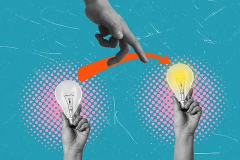 Hands hold light bulbs, one unlit, one lit. An orange arrow guides the transi Stock Photos