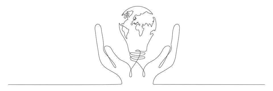 Hands hold lightbulb with Earth map one continuous line drawing. Stock Illustration