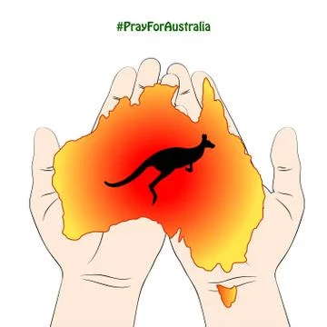 Hands hold a map of Australia in wildfires. Stock Illustration