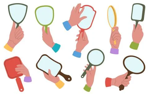 Hands hold mirror. Looking in decorative hand mirrors, inspiration romantic Stock Illustration