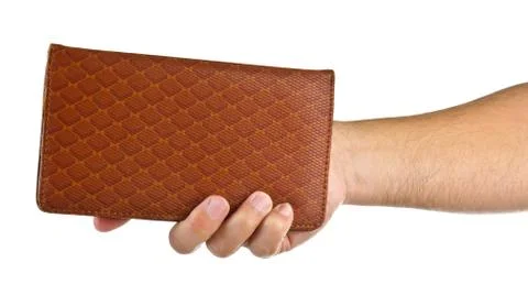 Hands hold a notebook on white Stock Photos