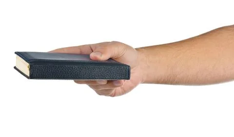 Hands hold a notebook on white Stock Photos
