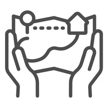 Hands hold paper map line icon. Map in arms vector illustration isolated on Stock Illustration