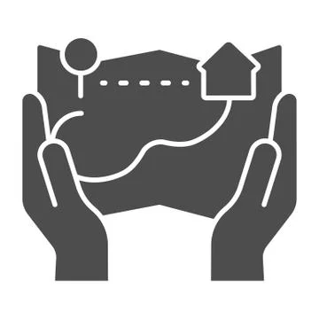 Hands hold paper map solid icon. Map in arms vector illustration isolated on Stock Illustration