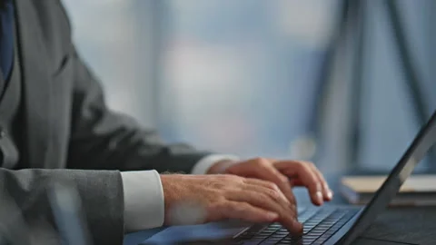 Hands hold pen reading documents closeup. Stressed corporate man typing computer Stock Footage 261769957