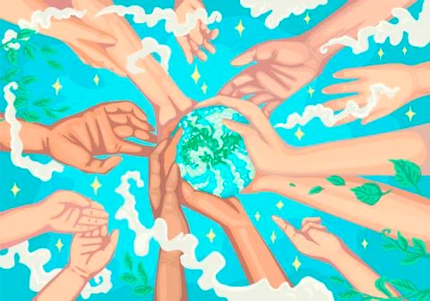 Hands hold the planet, children pull their hands to Earth. Save the planet Stock Illustration