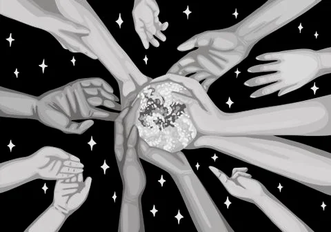 Hands hold the planet, children pull their hands to Earth. Save the planet Stock Illustration