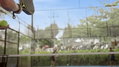 Hands hold racket hit ball closeup. Player serve slowmo. Person play tennis game Stock Footage 237519174