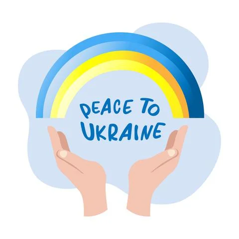 Hands hold a rainbow in the colors of the flag of ukraine and the inscription Stock Illustration