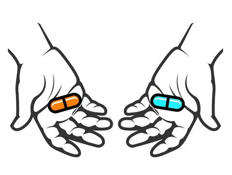 Hands hold red and blue pill, choice and decision-making concept, selecting a Stock Illustration